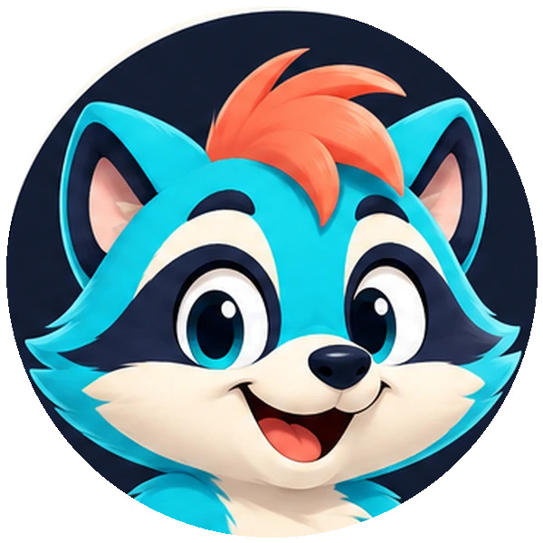 Friendly turquoise raccoon with orange hair and an excited smile, the Clipverts mascot